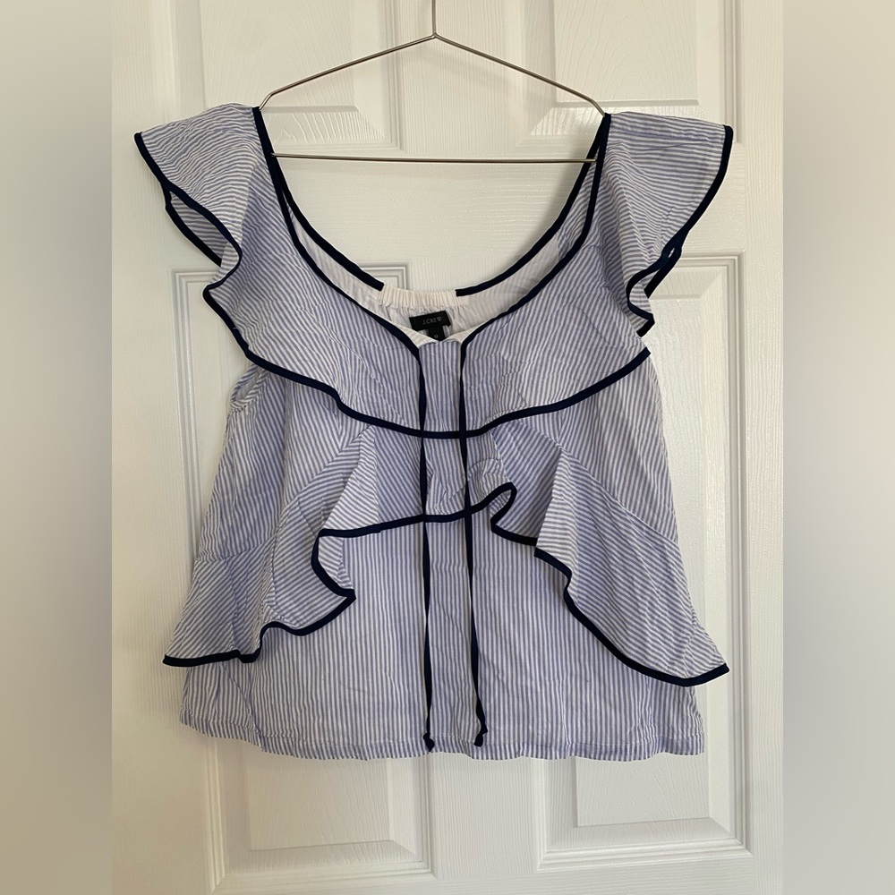 J. Crew Pinstripe Ruffle Tank Top - Picture 2 of 6